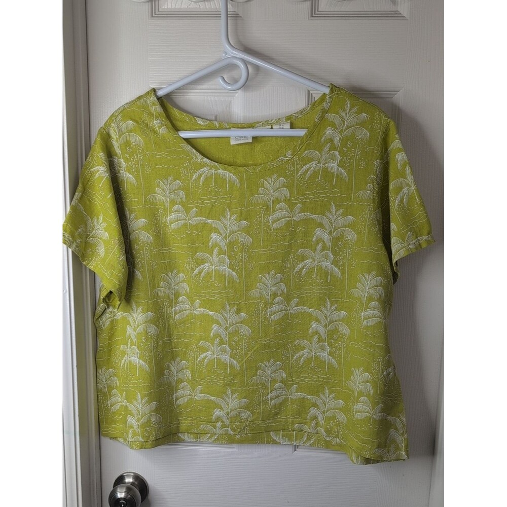 C&C California Vintage 100% Linen Lime Palm-Print Short Sleeve Tee Size 1X